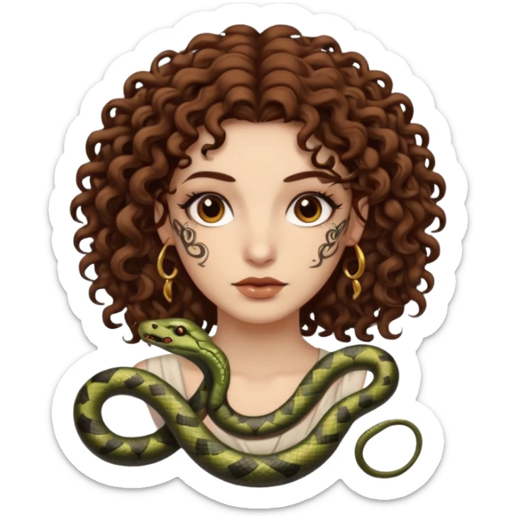Sexy brown eyes, white skin, brown curly hair, with tattoo, mystic vibe, with snakes  sticker