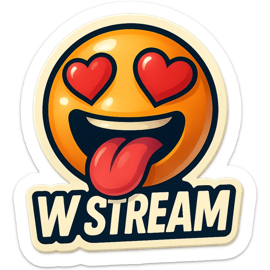 mouth open with tongue out heart shaped eye add the words “ W Stream " in White sticker