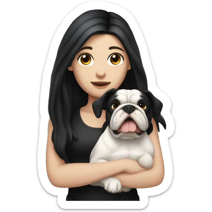 white girl with long black hair holding a white and black bulldog sticker