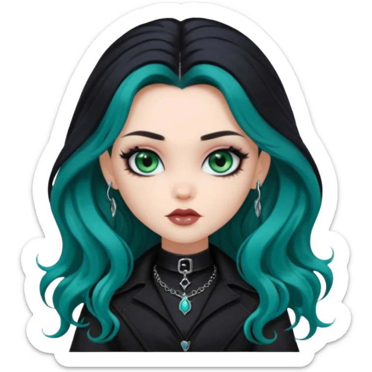 goth bratz baddie, beautiful blue-green eyes, long wavy hair, black gothic hair styled, black goth clothes sticker