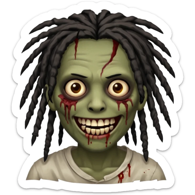 zombie with brown skin, messy black dreads hair, wide centered brown eyes, dark bloody marks under the eyes, and a smile showing grillz, giving a distressed, undead look. sticker