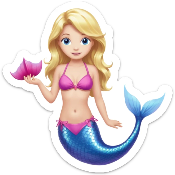 a mermaid with blonde hair and blue eyes a pink tail and a pink bikini top sticker