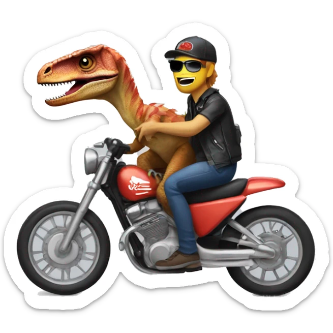 Velociraptor riding a motorcycle with Mr Beast stickers on it but the velociraptor is adorable sticker