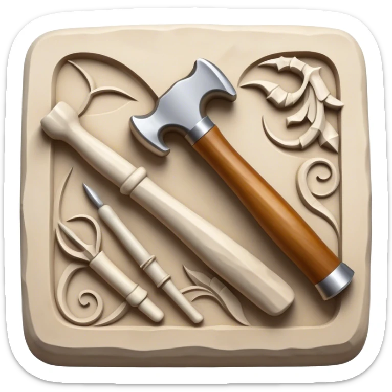 Carving icon, stone, bone, and horn being carved with chisels, fine detailed patterns visible, carving tools like hammer and chisel, minimalistic style, clean lines, transparent background. sticker