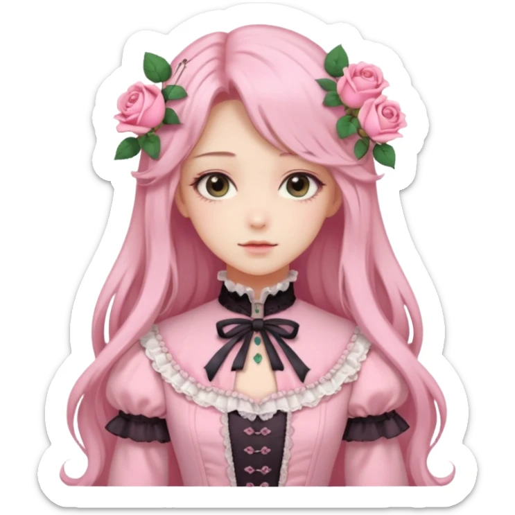 Gorgeous pastel anime lady with long hair and pink victorian style clothes and roses sticker