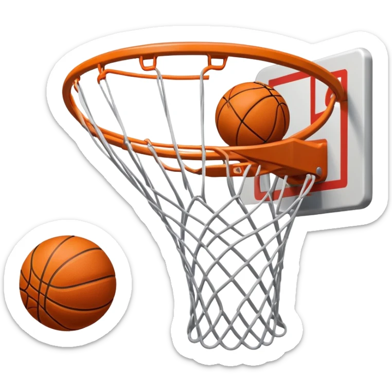A close-up of a basketball shield and hoop with the ball swishing through the net, captured mid-air. The background emphasizes the tension and excitement of the moment, with the rim and net in sharp focus, showcasing the precision and skill of the sport. sticker