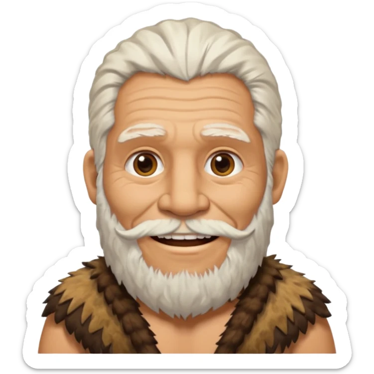 smiling old Neanderthal with white hair, beard, and animal skin clothing emoji style sticker