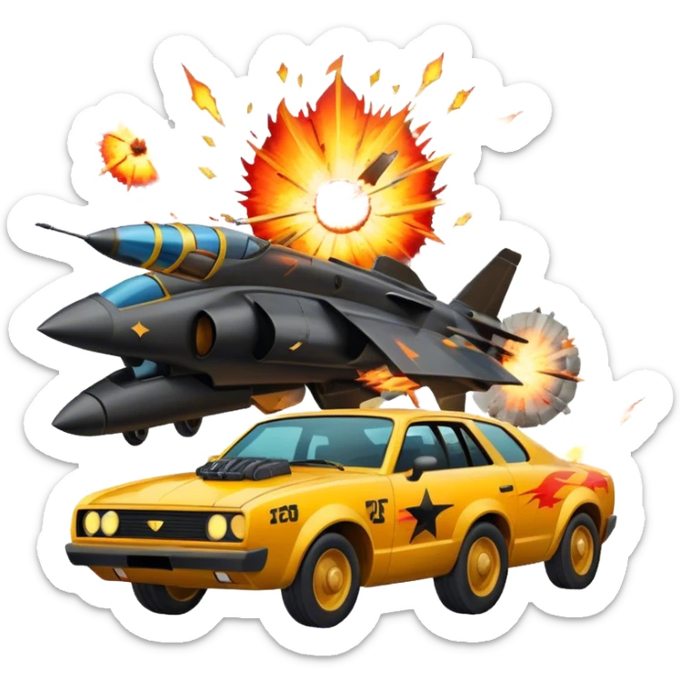 Icon for Action Movies Collage: Collage of iconic action movie elements, including explosions, a hero with weapons, a high-speed chase, and dramatic fight scenes. The design should be dynamic, colorful, and full of energy, capturing the essence of action films. Transparent background. sticker