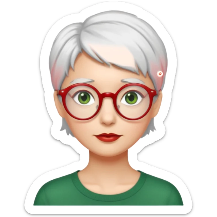 visage femme a lunettes ronde rouge fine avec cheveux courts gris-blancs aux yeux verts sticker