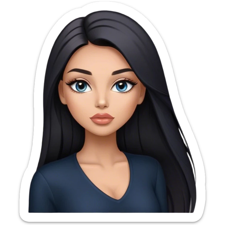 Glamours, tanned, very beautiful girl, with big pump peach-beige-rose lips, long long lashes, black straight smooth silky long hair, straight parting hair, blue-grey eyes in black clothes sticker