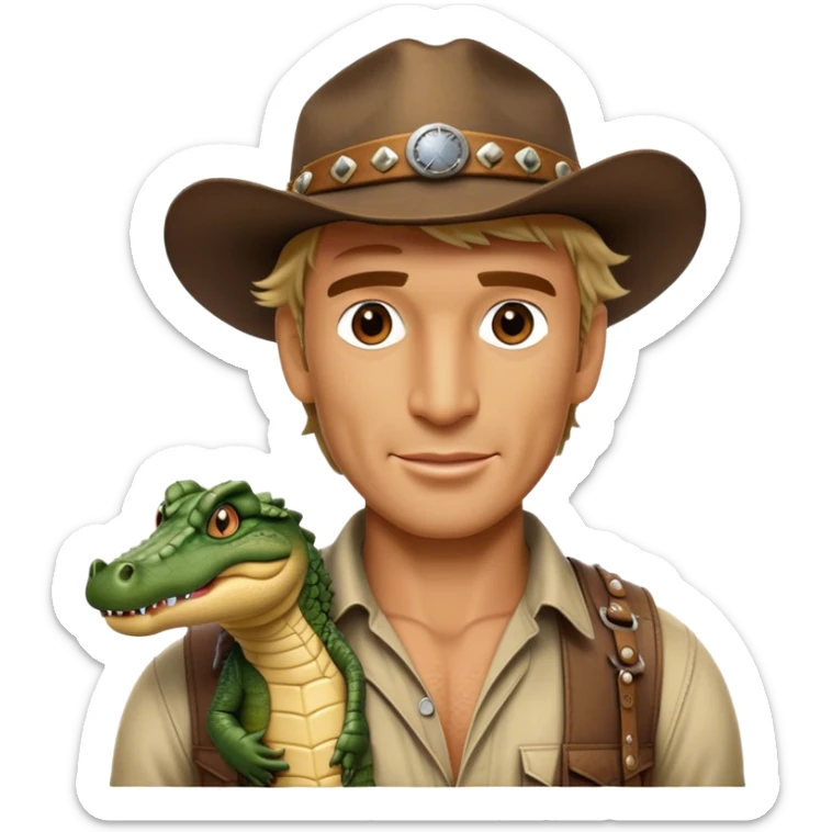 Cinematic Realistic Crocodile Dundee Pop Culture Emoji, depicted with rugged charm and adventurous spirit rendered with lifelike detail and cinematic lighting. sticker
