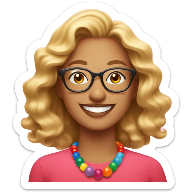 The moon  cheerful woman with wavy blonde hair and glasses, wearing a pink shirt and colorful beaded necklace, smiling brightly against a vibrant red background." sticker