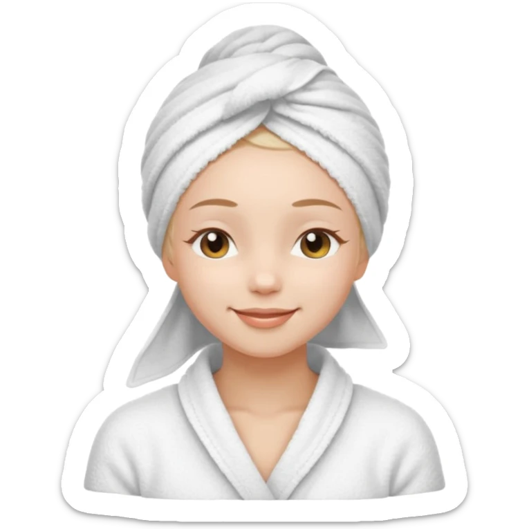 cute girl with her eyes closed and smiling, wearing a white spa towel as her clothes in she has a white spa towel on her head, white face skincare sticker
