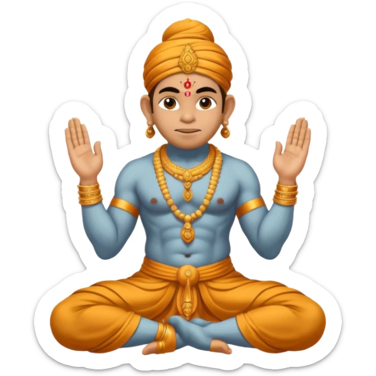 Hanuman ji seated and praying with close eyes with golden mukut and only in dhoti no upper wearings and tail behind sticker