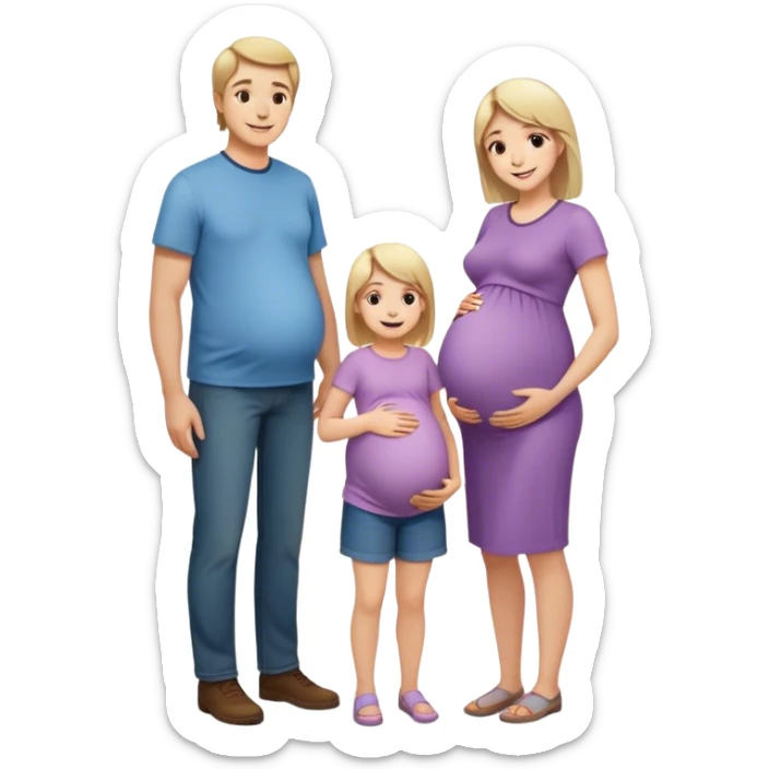A family. The mother is pregnant and has long light hair. The dad is tall and has brown short hair. The child is 2 years old, it’s a girl and has short really light hair and is very similar to her parents. sticker