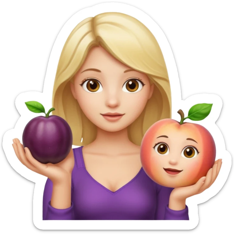 Blonde girl, holding up peach in one hand, eggplant in the other sticker