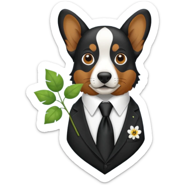 Un Springer allemand noir en costard-cravate et dans la petite poche du costard il y a un trèfle à quatre feuilles sticker