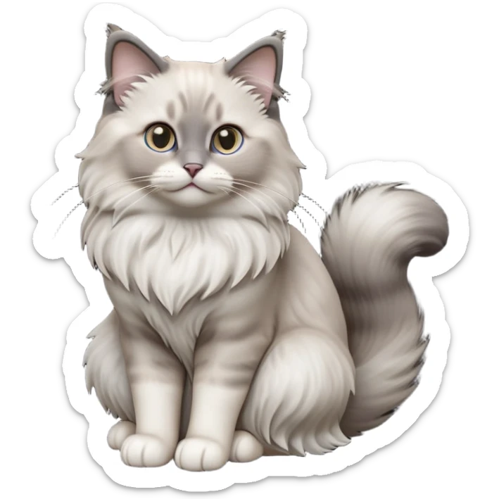 cinematic-[Ragdoll cat]-realistic-full-body-sitting-emoji,-tail-curled-playfully-around-its-paws,-head-tilted-dramatically,-fluffy-[grey ragdoll cat]-fur,-simplified-yet-realistic-focused-features,-highly-detailed,-glowing-with-an-almost-sarcastic-glow sticker