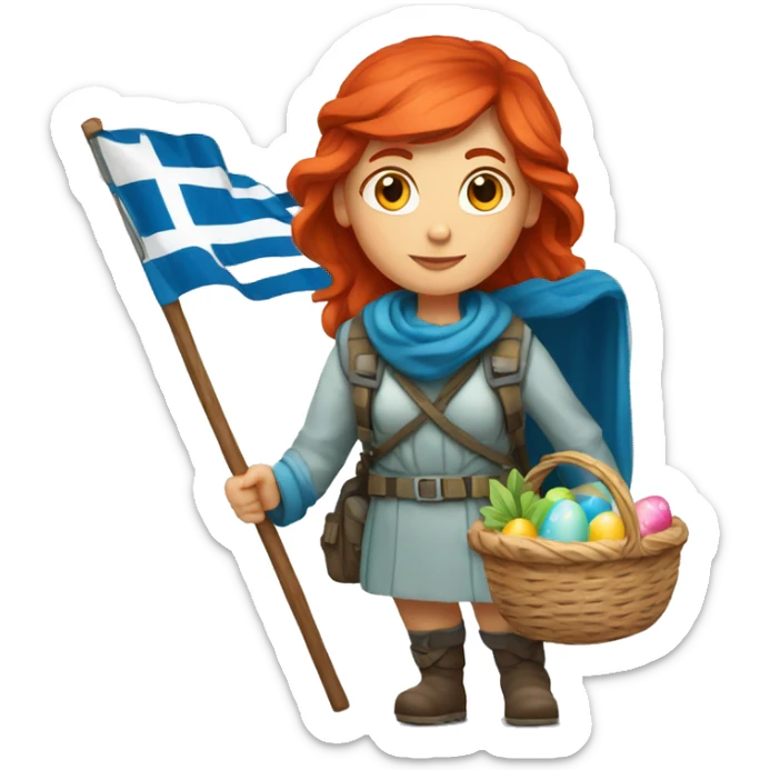 red hair female winter mountaineer with Greek flag and easter basket sticker