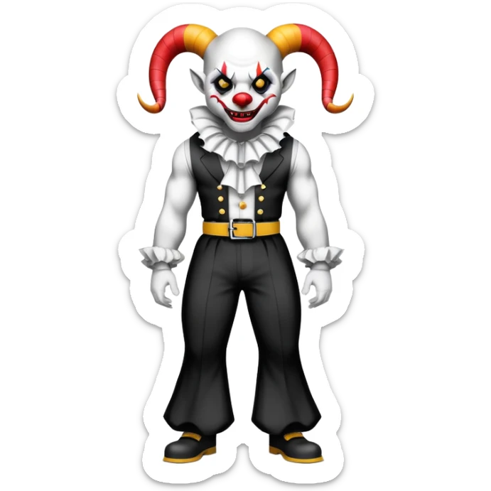 full-body muscular demonic clown in black and white leisure suit with bellbottom pants, bald, black ram horns, flashy black and white belt, ruffled white shirt, no neck tie, large fangs sticker
