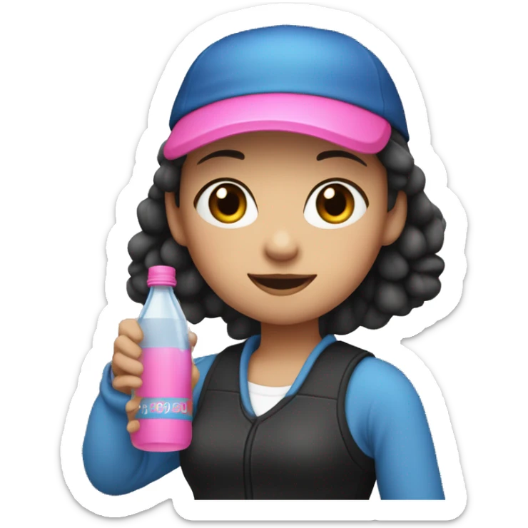 girl with fair skin, wearing a blue cap on her head, black blouse, holding a pink bottle in her right hand, with water inside sticker