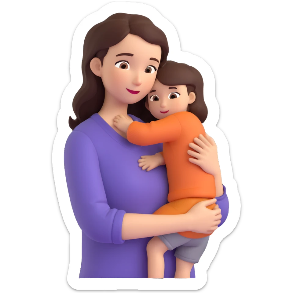 A warm and caring mother figure hugging her child, wearing casual clothes, indoors, cozy atmosphere sticker