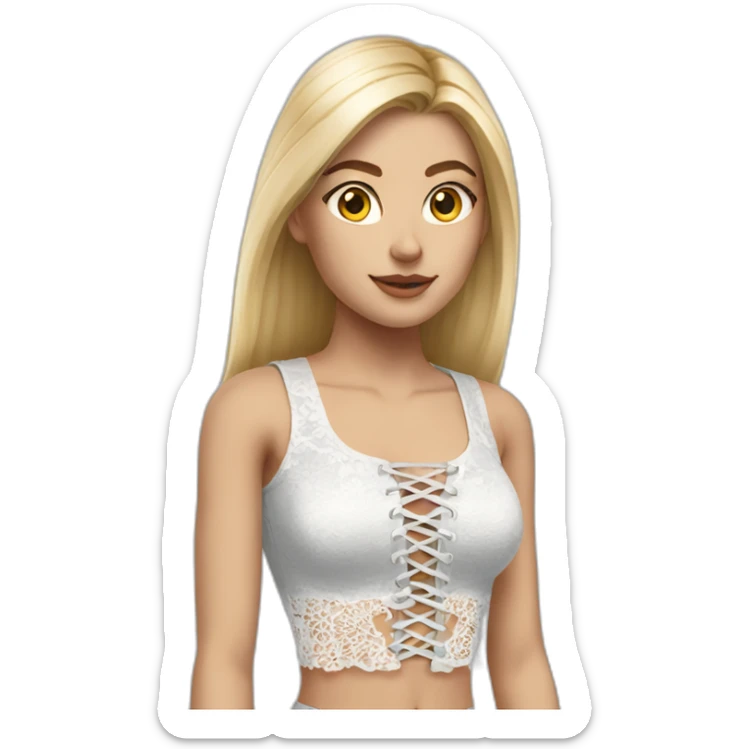 hyperrealistic caucasian female, long straight blonde hair, white lace up crop top, grey mini skirt, body view sticker