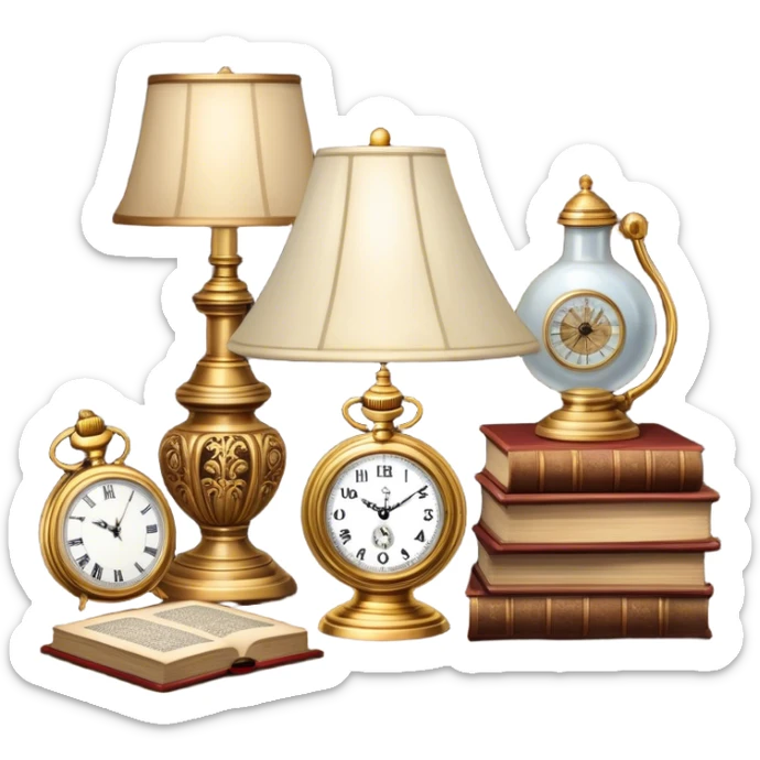 Icon for Antiques Collecting: a vintage pocket watch, an old ornate lamp, and a porcelain figurine, all placed on a wooden table surrounded by aged books and a magnifying glass. The icon should evoke the elegance and history of antique collecting. Transparent background. sticker