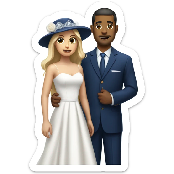 Puerto rican beard short hair with blue hat and navy blue suit getting Married with blond long hair girl with white  wedding dress  sticker