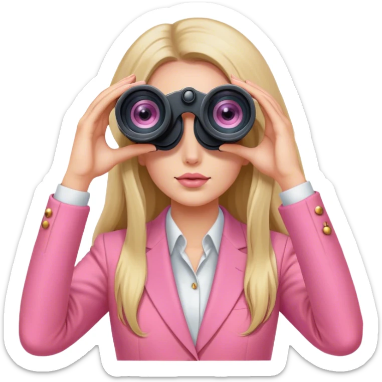 futuristic-looking woman with long hair in an intensive color pink suit looking through two-eye binoculars sticker
