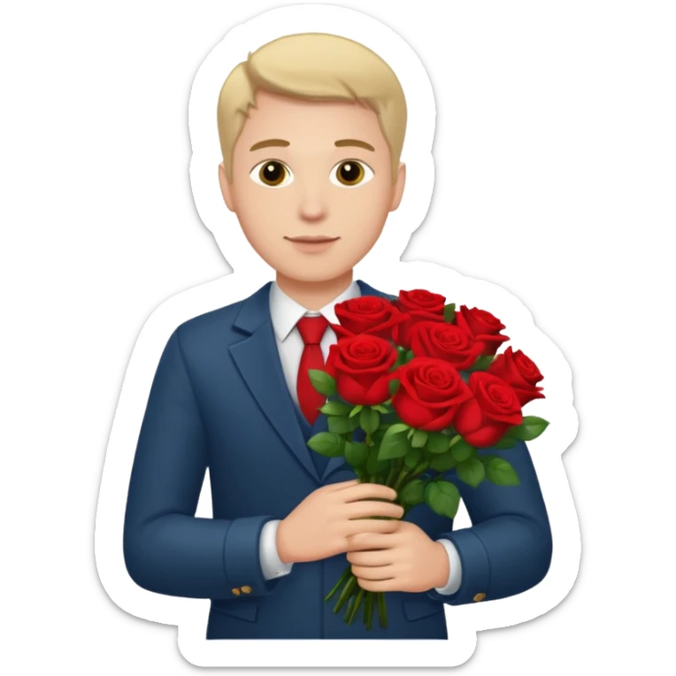 Un homme blanc brun pas en costard qui donne un bouquet de roses dans la main sticker