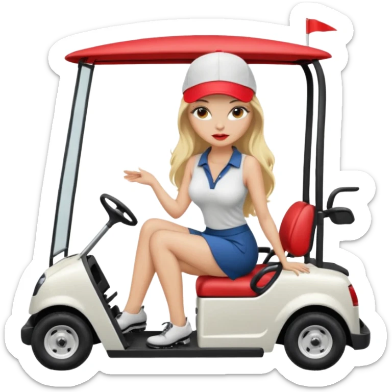 Sexy blond female. Long hair. Red lips. Big boobs. Naked boobs. Short skirt. Playing golf. Sexy pose. Topless. Naked . No clothes. Completely naked. Only golf cap. In golf cart sticker