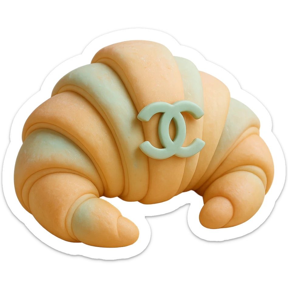 pastel fondant cake art style Chanel croissant with a small edible logo sticker