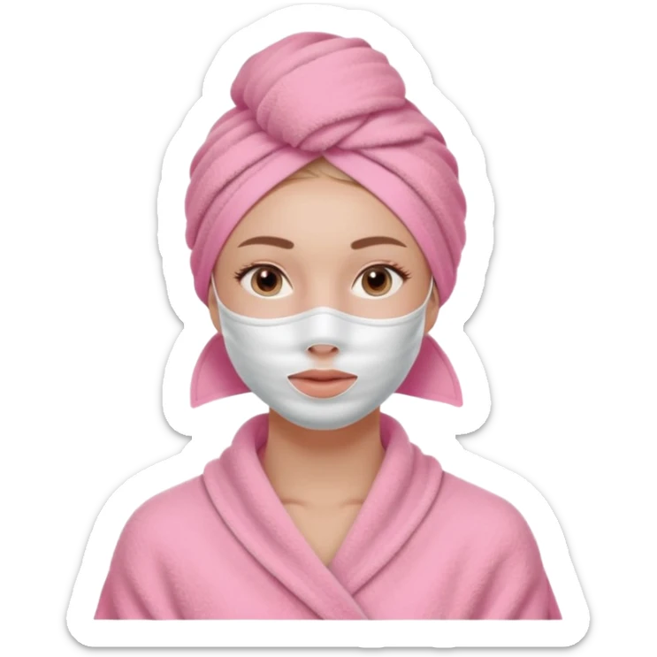 Clean girl influencer character, chest-up portrait, wearing a pink towel wrapped around the head, facial skincare mask on face, relaxed confident expression, soft glow skin, minimal chic aesthetic, subtle beauty accessories, calm self-care vibe sticker