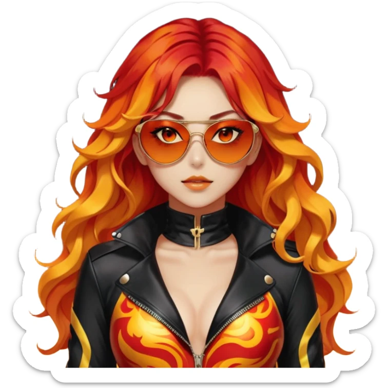 Beautiful gorgeous anime lady with beautiful fiery long fiery-warm-red-orange-yellow-gradient-wavy-special-hair, fashion aesthetic, black sunglasses, accessories, gold jewelries, red-and-yellow sunny-pattern-eyes, black latex-suit, biker-woman, cool, badass sticker