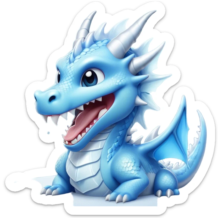 Cinematic Cute Yawning Beautiful Ice Dragon Portrait Emoji, Head tilted slightly with a dramatic, wide-open yawn, revealing a softly crystalline body with subtly drooping, frost-laden scales in cool blues and silvery hues, each detail rendered with natural icy finesse; high shine, relaxed yet elegant, styled with a dash of enchanted winter charm, soft glowing outline, capturing the essence of a sleepy yet graceful ice drake ready to stretch out and melt into a serene, frozen slumber! sticker