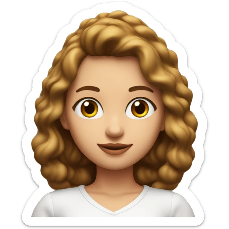 Has un emoji 3D de una chica de 18 años con el pelo ondulado café largo, con ojos café unos labios lindos rositas Una blusa blanca con cuello V sticker