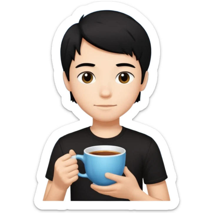 The boy teen have a black hair, and black T-shirt with a cup of tea. Sky blue background  sticker