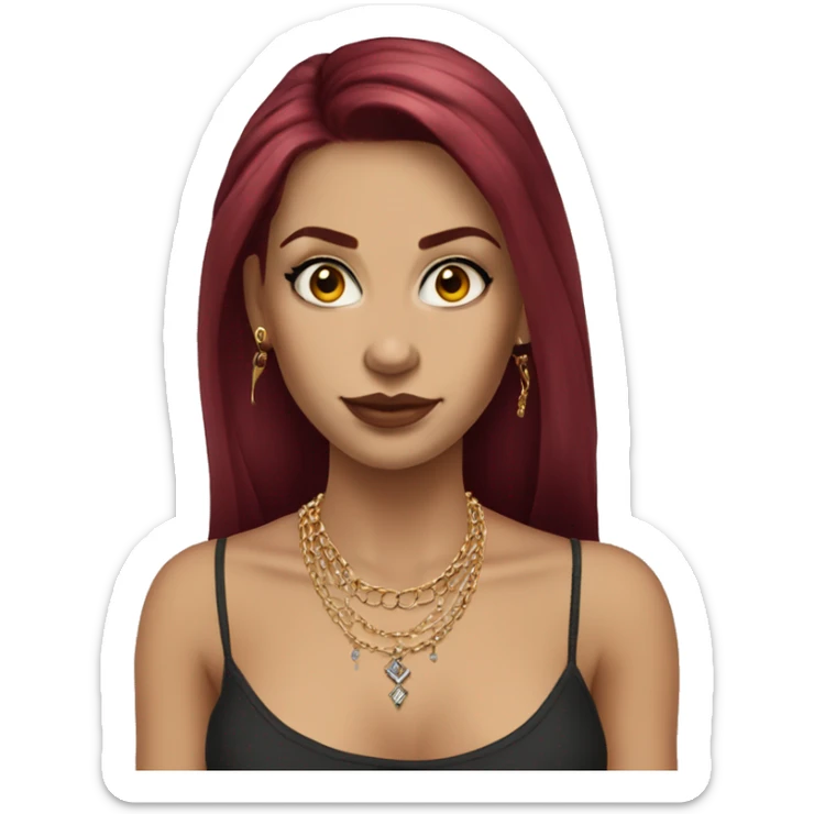 White European girl with long burgundy hair, long eyelashes and has tattoos. She is wearing a crop top shirt and gold chain necklace and diamond earrings  sticker