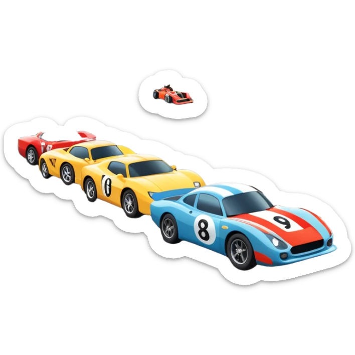 Sporty cars and motorcycles lined up at the starting line, ready to race, with a vibrant racetrack in the background. The scene includes grandstands filled with cheering crowds, checkered flags waving, and traffic lights signaling the start, with a thrilling atmosphere of anticipation and speed. sticker