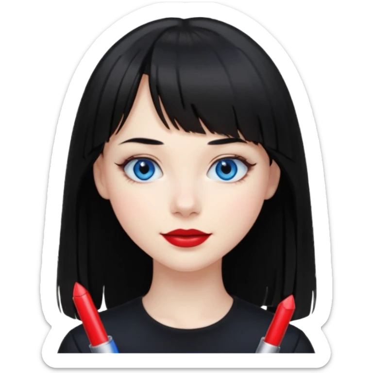 20 yr old woman long straight black hair, pale skin, blue eyes, red lipstick, black clothes, small smile, bangs sticker
