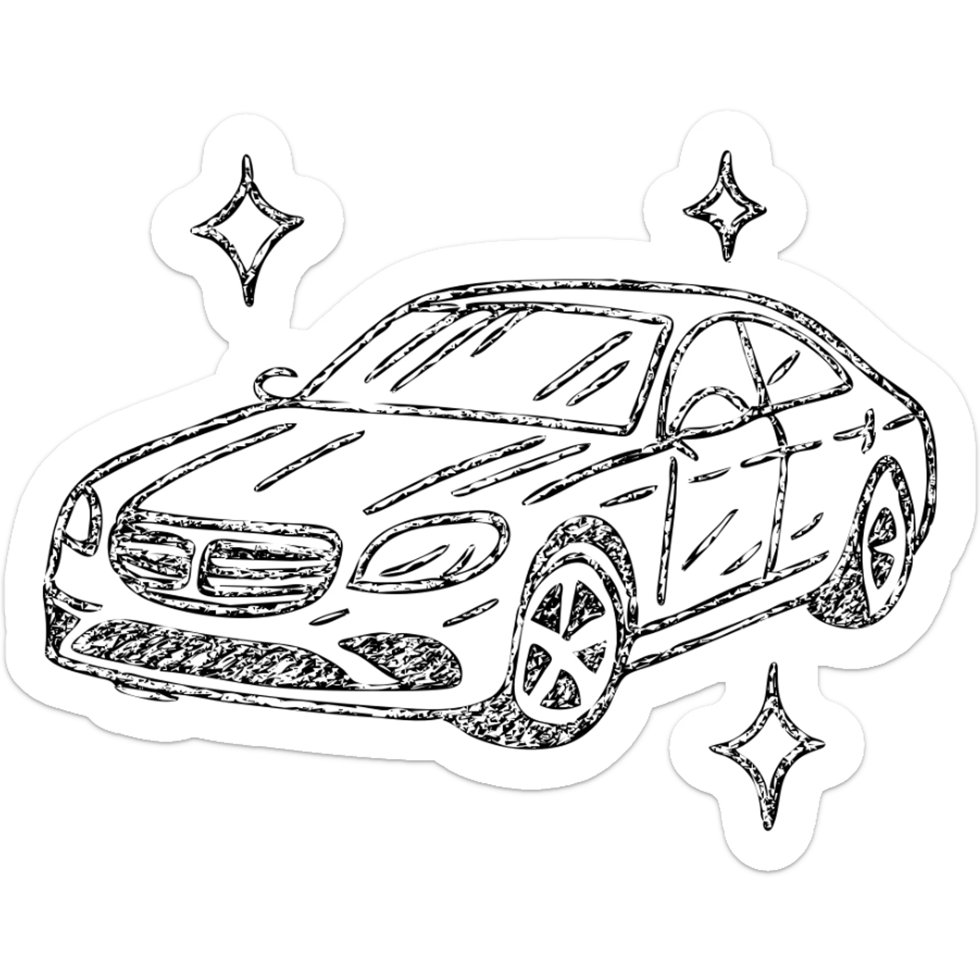 hand-drawn outlined icon of a luxury car, glossy black with multiple small stars and strong reflections, impeccable perfectly clean finish, clean and modern sticker
