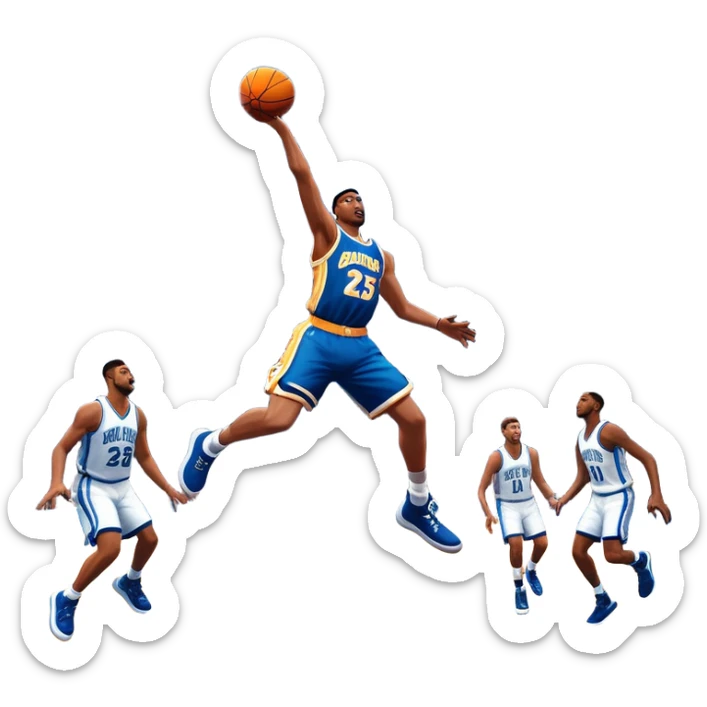 An icon featuring a basketball court with players in action, inspired by NBA 2K25. A player jumps for a dunk, with the ball mid-air. Bright lights illuminate the court, symbolizing the excitement of sports simulation games. Transparent background emphasizes the energy. sticker