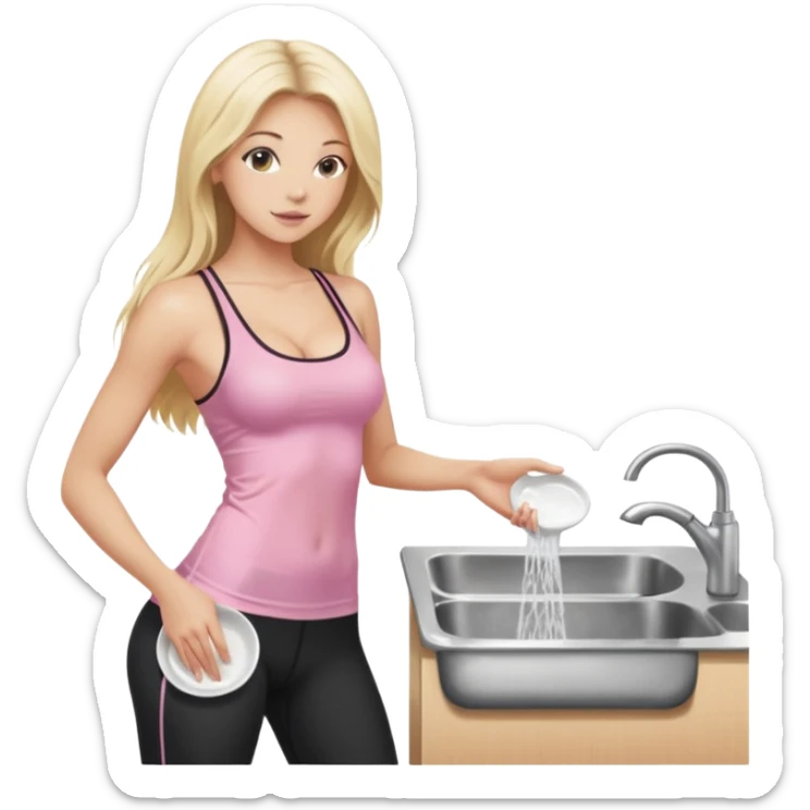 Seductive, thin fair skinned woman, long blond hair, washing dishes, SFW sheer pink tank top, without undergarments showing natural breast shape SFW, black yoga pants, perfect booty sticker