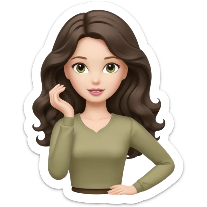 A white Barbie girl with long dark brown wave hair in a pale olive clothes doing stretching  sticker