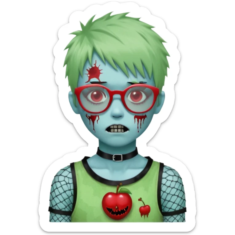 White hair, Ghoulia yelps monster high doll in scene/emo style cherry print dress with fishnet sleeves, clothes, thin, small, red, rectangle glasses, pale white-blue skin, pale-green shaggy short hair , zombie scars , boy, punk choker sticker