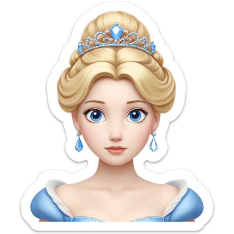Cinematic Realistic Noble Cinderella Portrait, depicted with porcelain skin rendered in lifelike detail and soft, natural lighting that highlights every delicate nuance. Her intricately styled golden-blonde hair is arranged in an elegant updo, and her deep, expressive blue eyes radiate quiet determination. She wears her classic ball gown with rich fabric textures and delicate folds catching the light beautifully, all set against a subtly glowing, natural background that captures the essence of timeless royal grace. sticker
