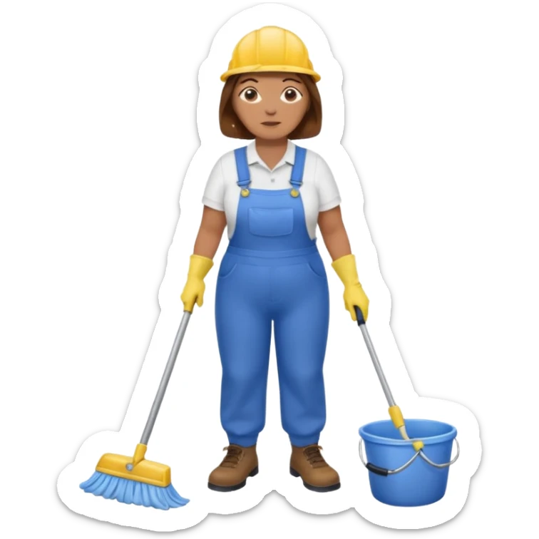 old and fat women, brown hair, Custodian with yellow rubber gloves, white T-shirt, blue overalls, mopping floor sticker