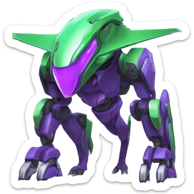 a purple-green Genesect-Raptor-Fakémon—hybrid with a futuristic visor-helmet full body sticker