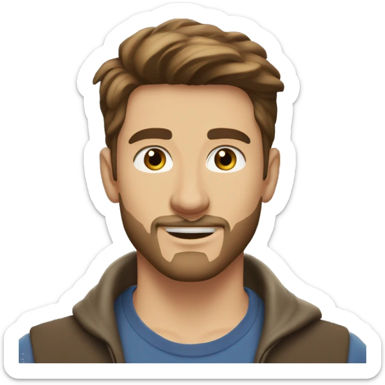 A handsome 25 year old man with middle parted fairly short brown hair, brown eyes, a very light goatee beard outdoors sticker